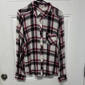 Plaid Button-Up Shirt - Pink, Black, White